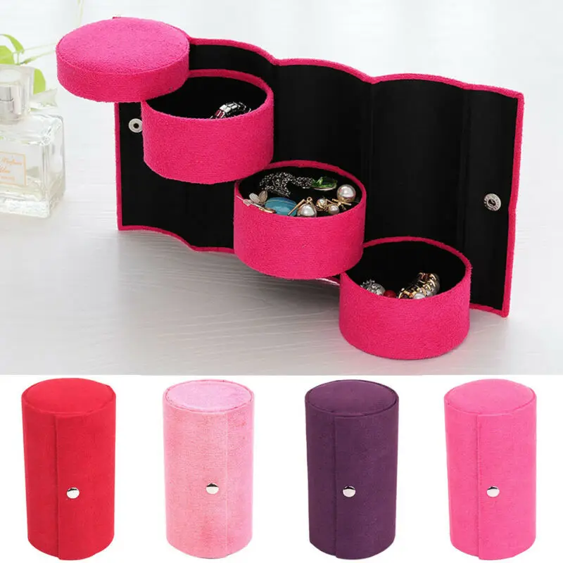 

Multifunctional Fabric 3 layers Jewelry Display Box Cylinder Shape Organizer Flannel Round Portable Travel Storage Case Creative