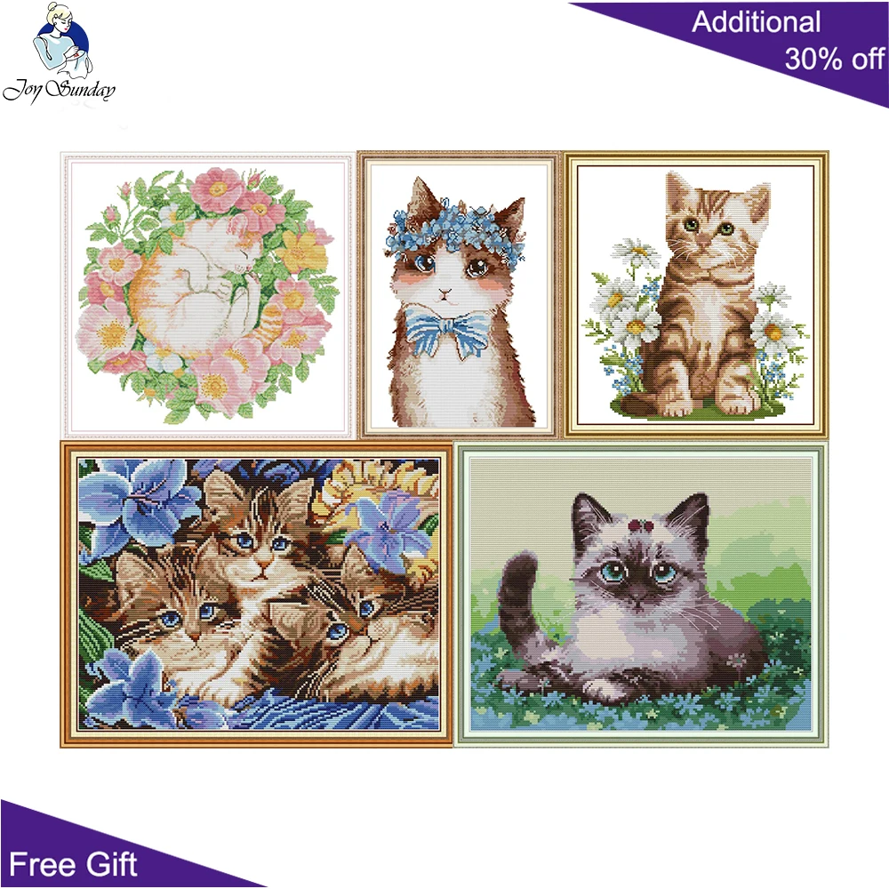 

Joy Sunday Cats DA396 DA408 DA413 DA426 DA427 Stamped Counted Home Decor Beautiful Kitten Cat Among Flowers Cross Stitch Kits