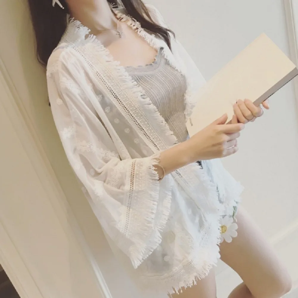 Women Fashion Trends Chiffon White Lace Blouses Casual Spring Summer Long Flare Sleeve Buttons Blouse camisas mujer kimono
Women Fashion Trends Chiffon White Lace Blouses Casual Spring Summer Long Flare Sleeve Buttons Blouse camisas mujer kimono