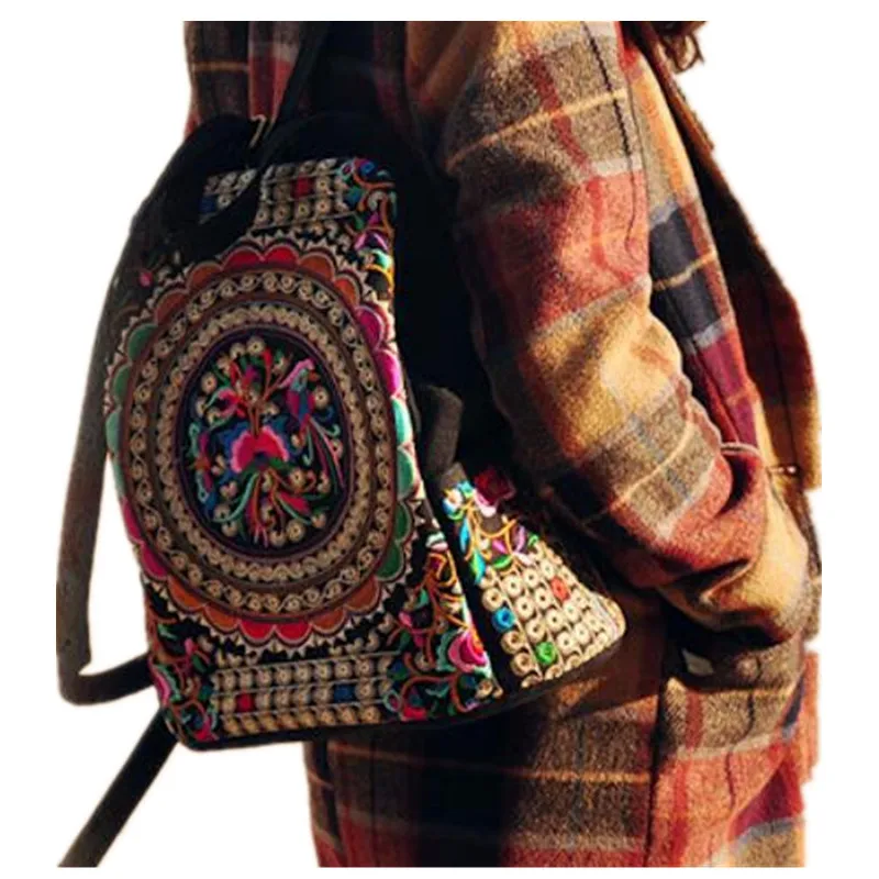 Этнический рюкзак для женщин школьный ранец с цветочной вышивкой на плечо