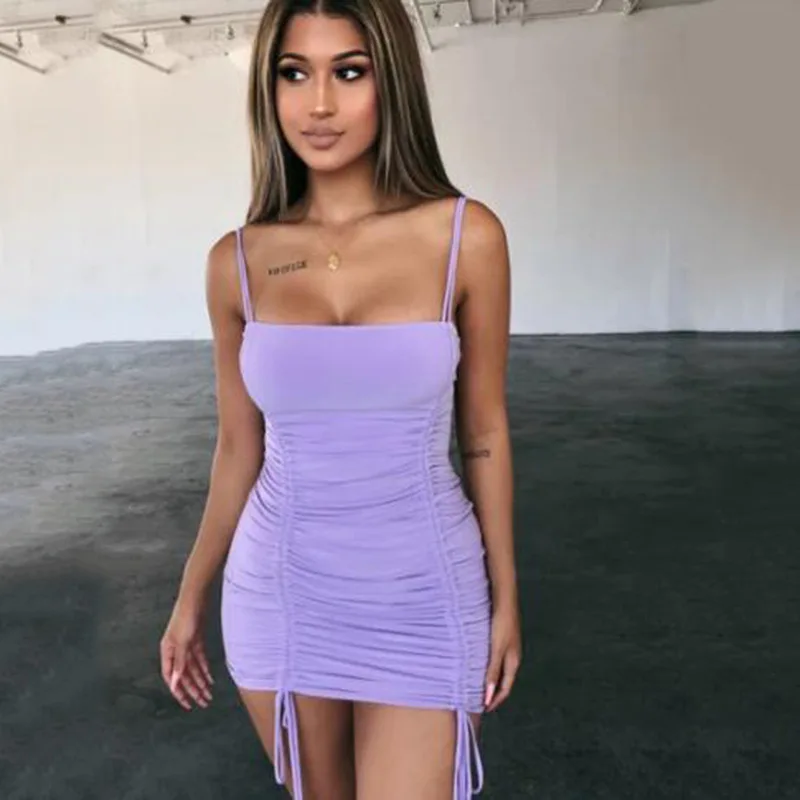 

2021 Summer Spaghetti Strap Mini Sexy Dress Women Drawsting Pleated Stacked Dresses Party Club Outfits New Vintage Vestidos