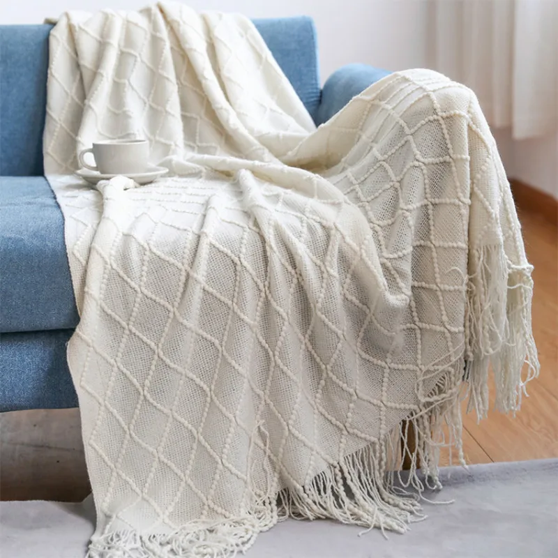 

Textile City Cashmere-Like Knitted Sofa Throw Blanket Nordic Style Solid Plaid Tassel Bedspread for Hotel Fall Interior Decorate