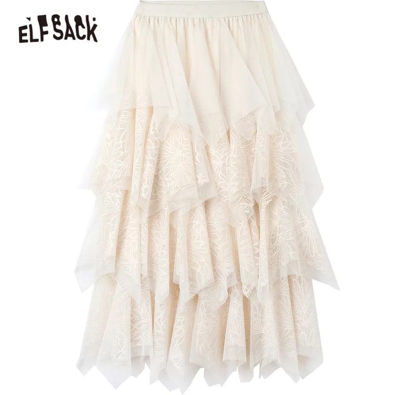 

ELFSACK Solid Contrast Lace Casual Women Midi Skirts,2021 Spring ELF Vintage High Waist,Ladies Basic Daily Multi-layered Bottom