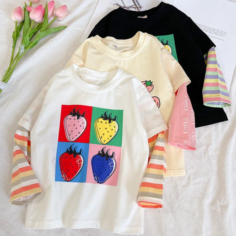 

WLG Kids Girls T Shirts Spring Fall Fake Two Cartoon Pattern T Shirt Baby Girl Casual Clothes for 2-6 Years