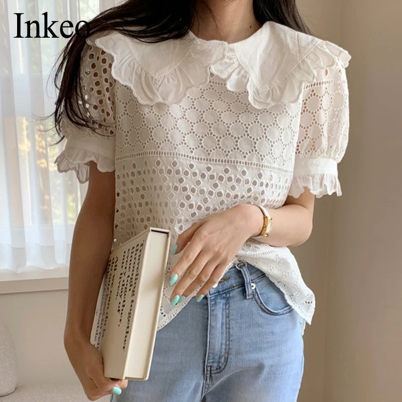 Korea style Women Peter pan collar blouse tops 2021 New Solid Loose Short sleeve female shirt Sexy hollow out Blusas INKEO 1T047
Korea style Women Peter pan collar blouse tops 2021 New Solid Loose Short sleeve female shirt Sexy hollow out Blusas INKEO 1T047