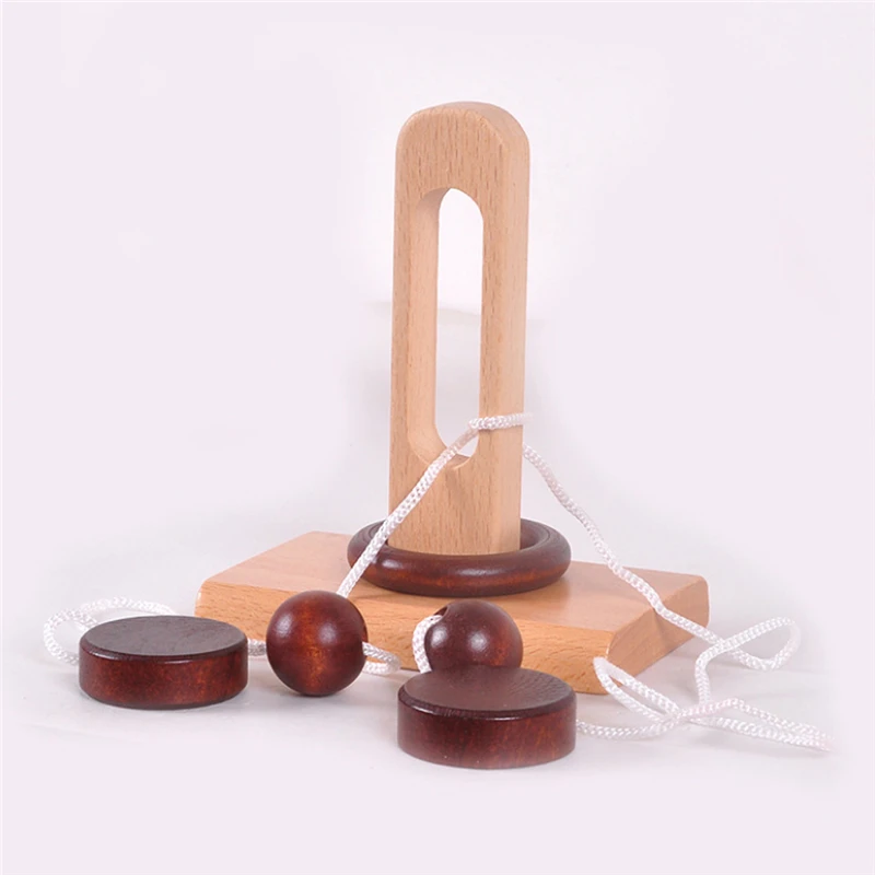 Children's Wooden 3D Puzzle Toy Intelligent Loop Puzzle Kong Ming Lock Topology Toy Stringing Untie The Rope Gifts