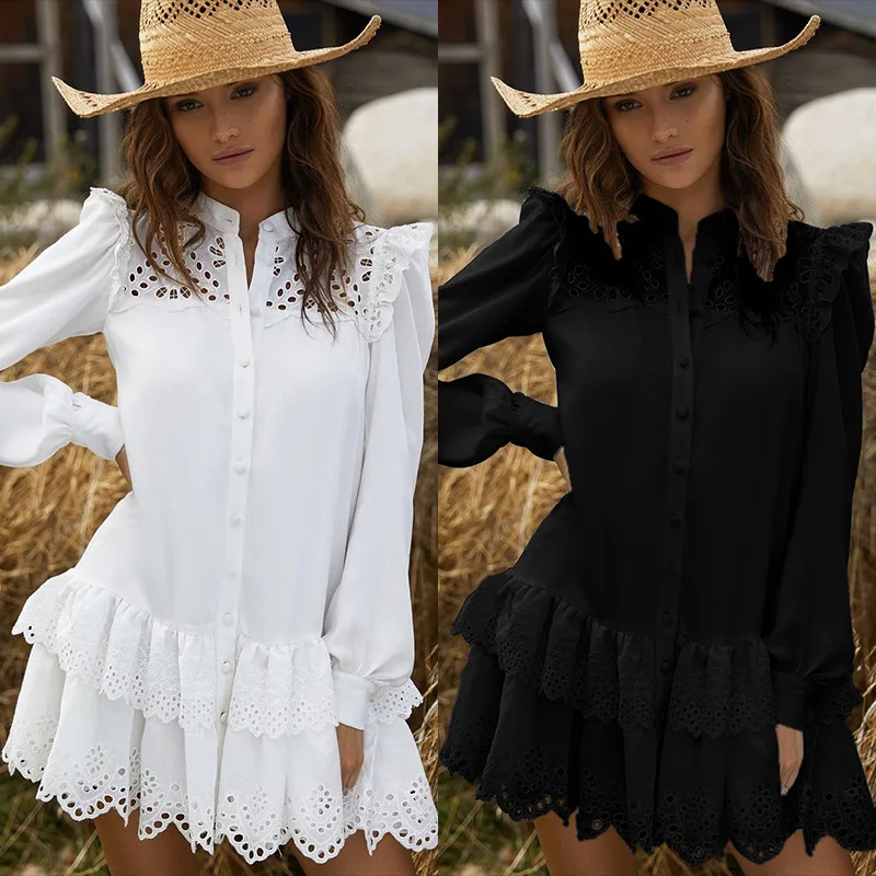 2021 Women Long Sleeve Solid Stitching Lace Ruffles Single Breasted Mini Shirt Dress Casual Dress Elegant Dress
2021 Women Long Sleeve Solid Stitching Lace Ruffles Single Breasted Mini Shirt Dress Casual Dress Elegant Dress