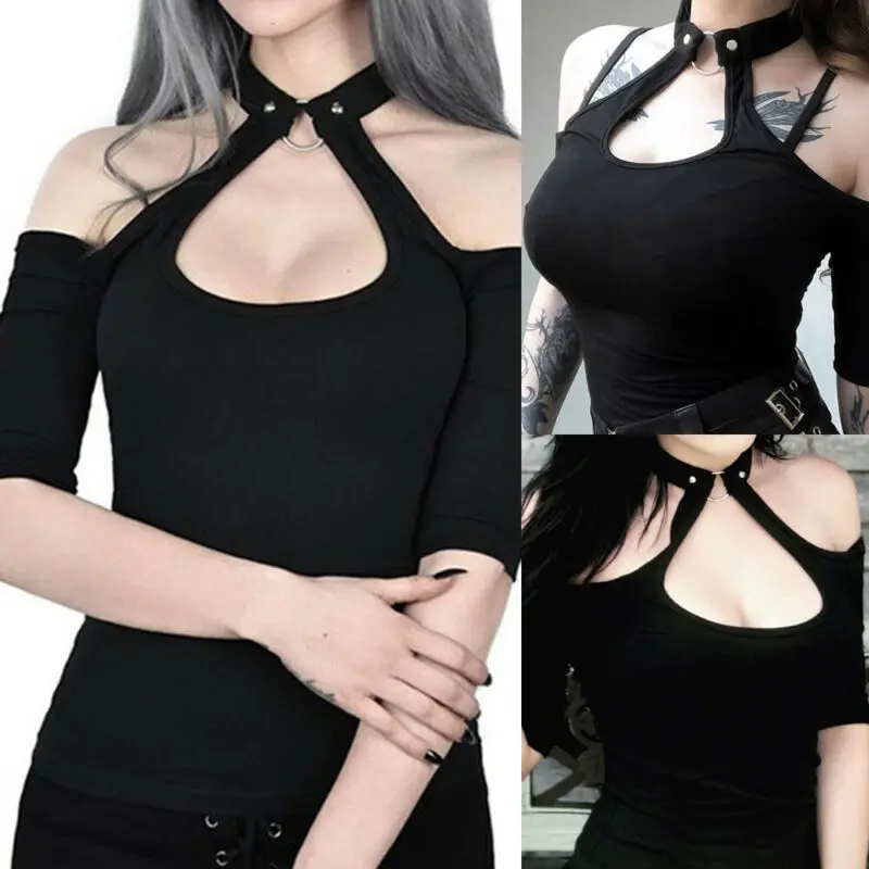 

Camisa Sexy negra con gargantilla para mujer, Top de manga corta con hombros descubiertos, Top gotico liso con cuello Halter