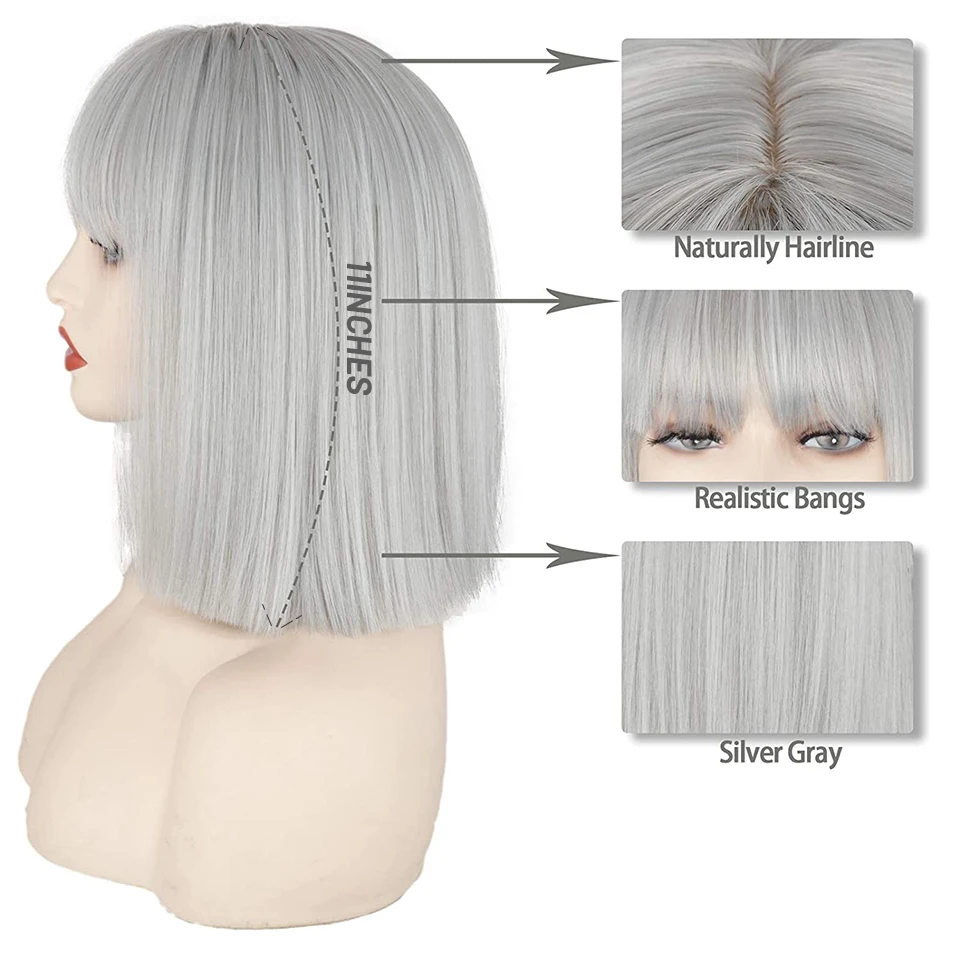 Короткие серебристо серые парики с челкой короткие прямые для женщин