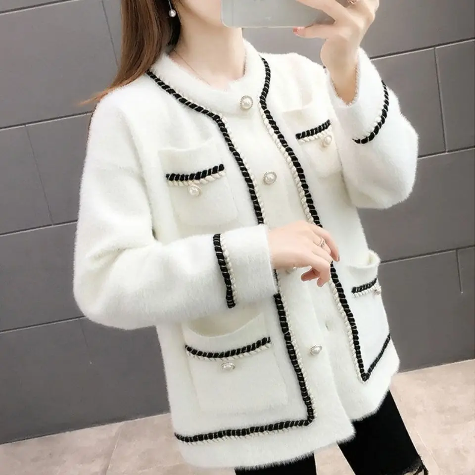 

Imitation Mink Small Fragrant Knit Cardigan Jacket Women 2020 New Autumn and Winter Loose Version Foreign Style Outer Jacket