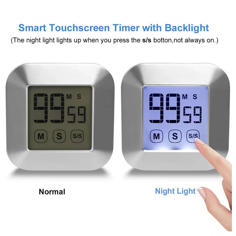 

Kitchen Timer with Press Sn - Count and Countdown with Powerful Alarm - netic Backlighting on the Back,Silver