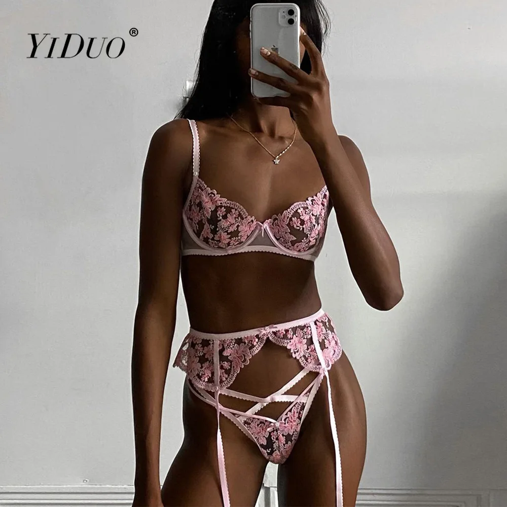 

YiDuo Pink Floral Embroidery Lace Sexy Women Lingerie Set 3 Pieces Underwire Bra With Bone Garter Brief Sets Erotic Lingerie