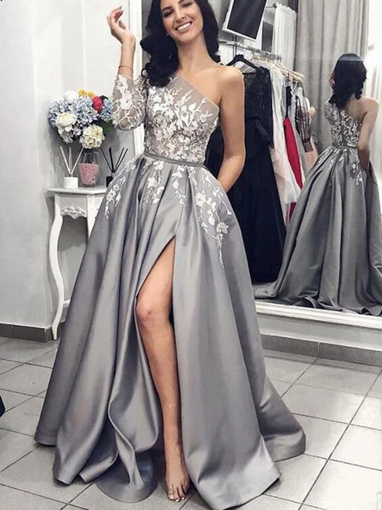 abiye gece elbisesi One Shoulder Long Sleeve Evening Dresses High Slit Gray Formal Evening Gowns Plus Size Arabic Evening Gown 
abiye gece elbisesi One Shoulder Long Sleeve Evening Dresses High Slit Gray Formal Evening Gowns Plus Size Arabic Evening Gown