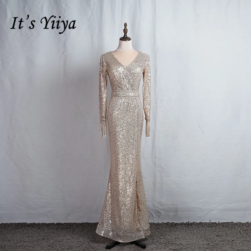Женское вечернее платье с блестками It's Yiiya длинное блестящее разрезом и V