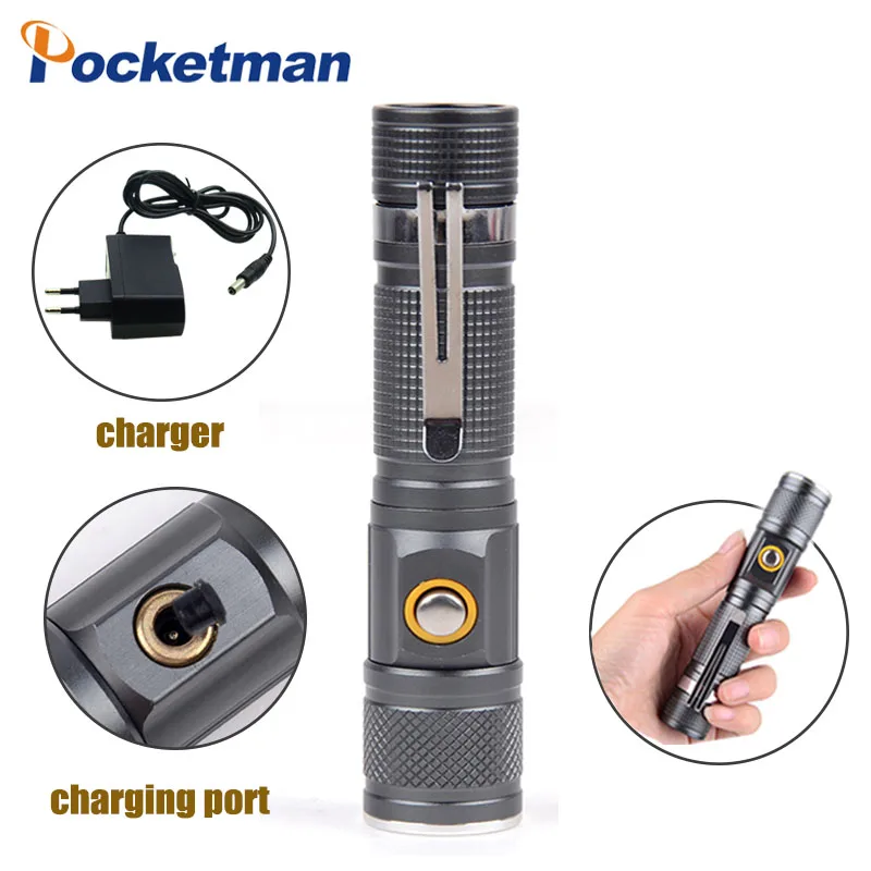 

POCKETMAN 8000LM LED Flashlight USB DC Rechargeable Flashlights 3 Modes Waterproof Torch Tactical Flashlight Zoomable Torch