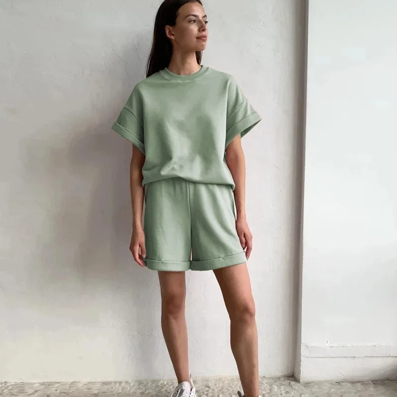 Summer Cotton Sets Women Casual Two Pieces Short Sleeve T Shirts and High Waist Short Pants Solid Outfits Tracksuit Wholesale
Summer Cotton Sets Women Casual Two Pieces Short Sleeve T Shirts and High Waist Short Pants Solid Outfits Tracksuit Wholesale