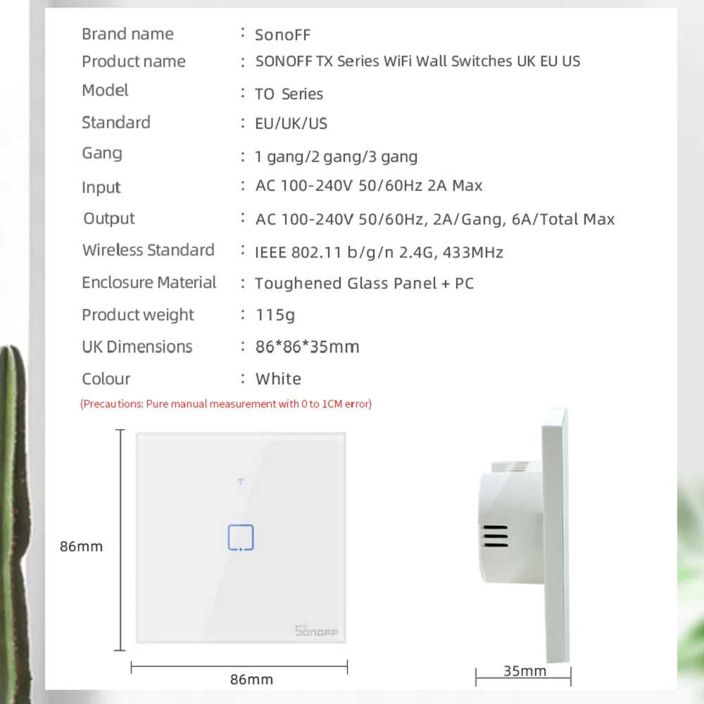 Интеллектуальный выключатель света SONOFF Tx T0 США/ЕС/Великобритания 1/2/3 Gang Wi Fi