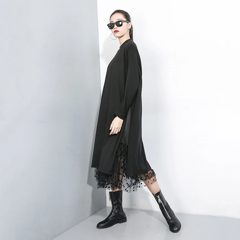 Women Black Mesh Dot Patckwork Split Dress New Stand Collar Long Sleeve Loose Fit Fashion Spring Autumn Big Size Dress
Women Black Mesh Dot Patckwork Split Dress New Stand Collar Long Sleeve Loose Fit Fashion Spring Autumn Big Size Dress