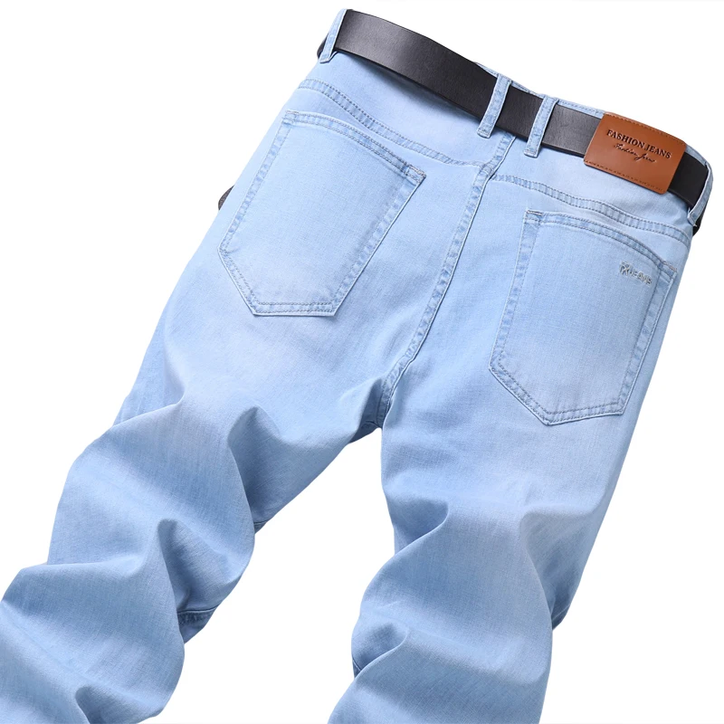 Джинсы мужские тонкие эластичные, брюки Slim Fit из денима, классический стиль, небесно-голубые брендовые штаны, весна-лето, 2021
Джинсы мужские тонкие эластичные, брюки Slim Fit из денима, классический стиль, небесно-голубые брендовые штаны, весна-лето, 2021