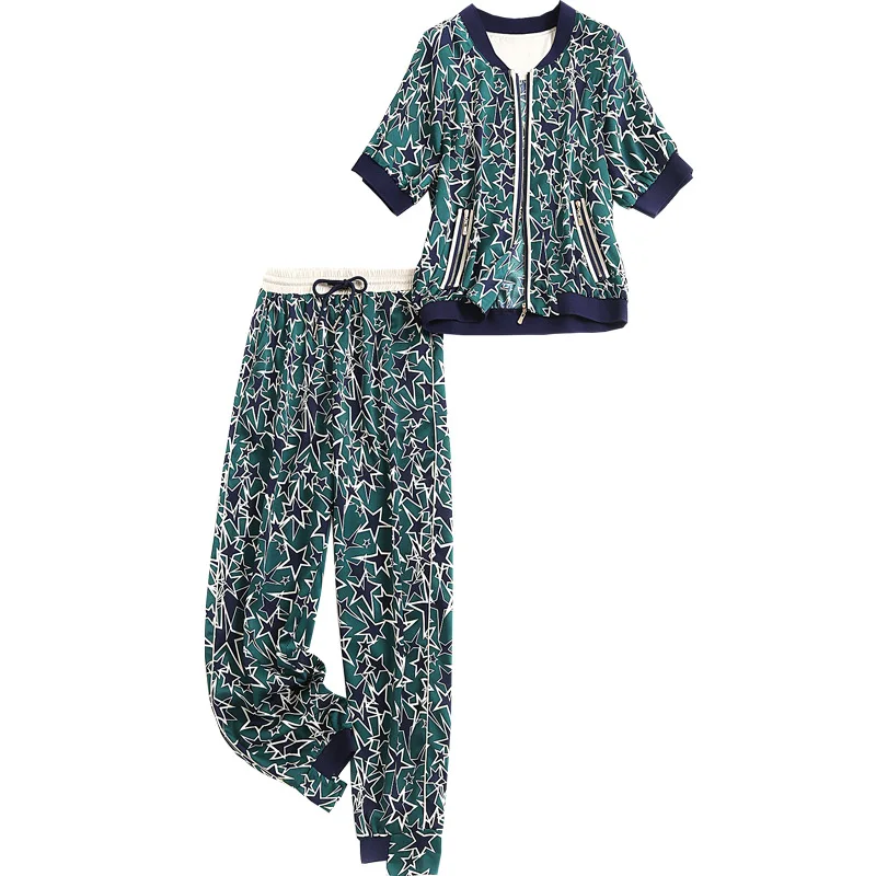 Women HIP-HOP satin two piece outfits summer 2021 stars print short sleeve zipper front jacket and sweatpant tracksuits
Women HIP-HOP satin two piece outfits summer 2021 stars print short sleeve zipper front jacket and sweatpant tracksuits