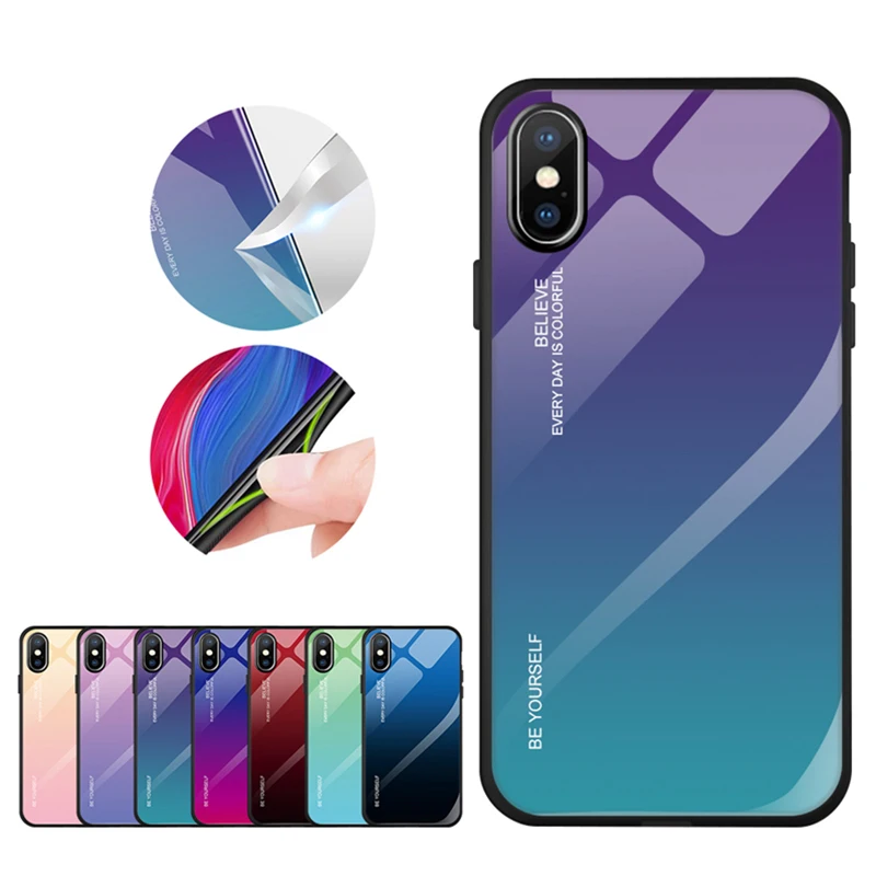 Чехол из закаленного стекла для iPhone X XR XS 11 Pro Max Глянцевый цветной градиентный