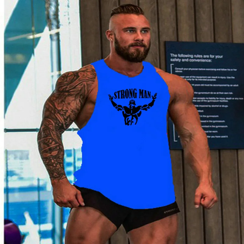 new summer fitness men's running vest gym training sleeveless T-shirt strap high quality cotton printed shirt sports | Спорт и