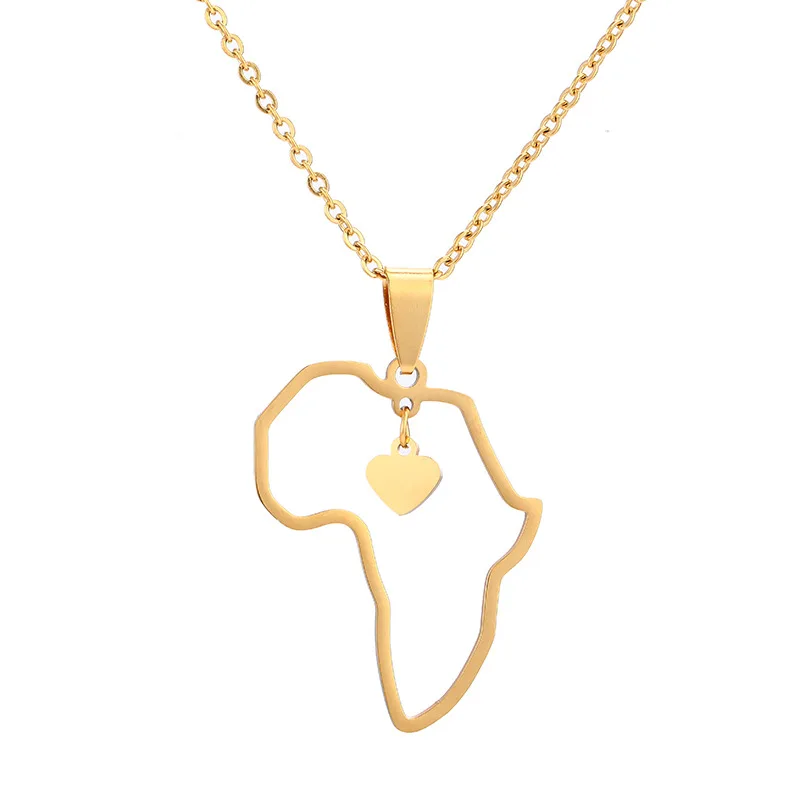 

African Africa Map Pendant Nceklace With Heart Gold Color Stainless Steel Chains For Women Men Hiphop Jewelry Gift Wholesale