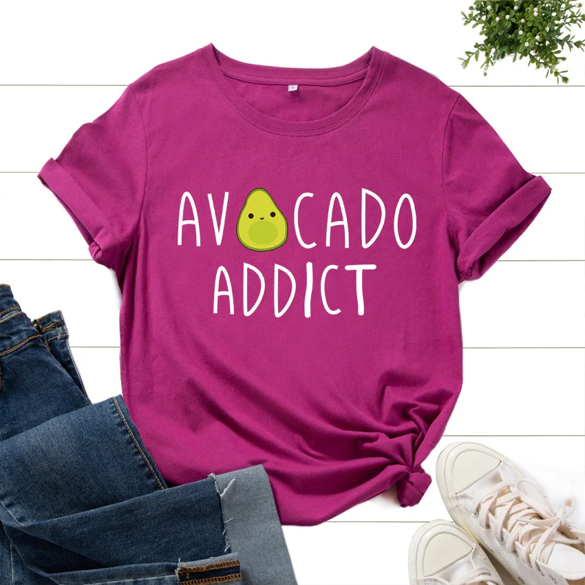 

Cotton T-Shirts for Women Graphic Tees Printed Shirt Short Sleeve Summer Tops Casual Clothes Avocado Addict Fruit Lover Healthy