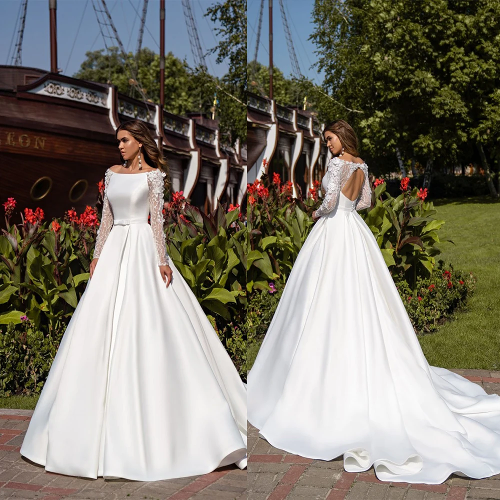 Robes De Mariée Long Sleeve Wedding Dresses 2020 Jewel Neck Lace 3D Floral Appliques Satin Country Bridal Gowns Custom Made
Robes De Mariée Long Sleeve Wedding Dresses 2020 Jewel Neck Lace 3D Floral Appliques Satin Country Bridal Gowns Custom Made