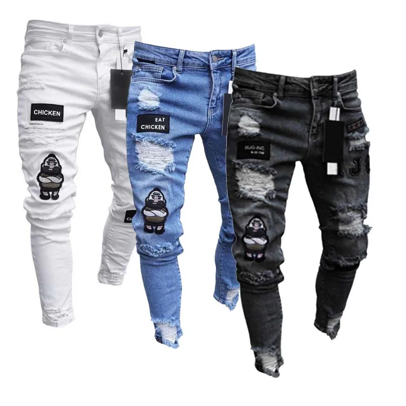 White Ripped Skinny Jeans Men Stretch Slim Casual Cartoon Embroidery Black Jogger Bottom Pants Elastic Hip hop Denim Trousers
White Ripped Skinny Jeans Men Stretch Slim Casual Cartoon Embroidery Black Jogger Bottom Pants Elastic Hip hop Denim Trousers