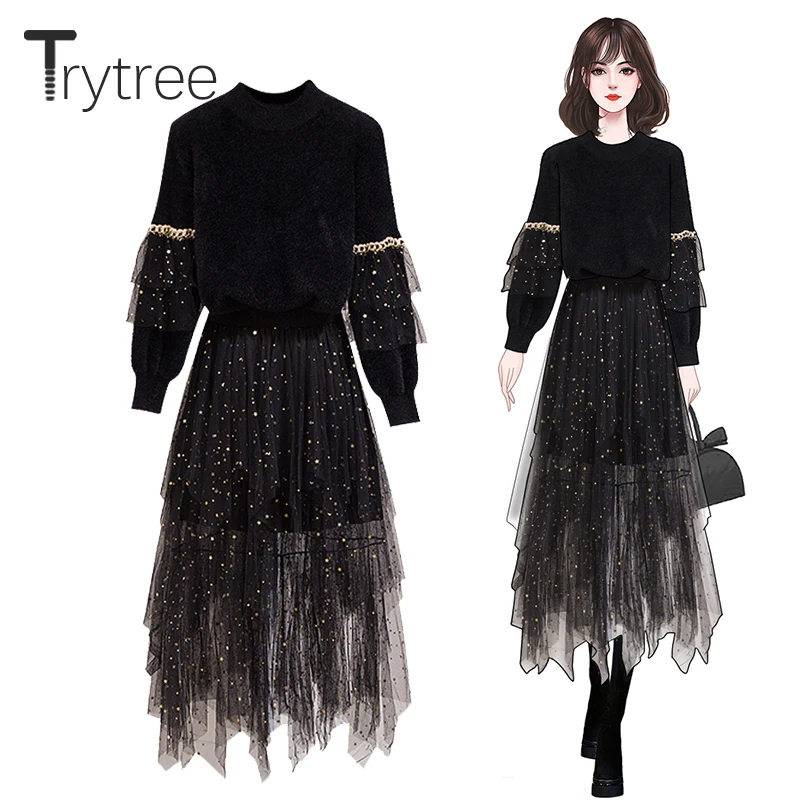 Trytree 2020 Autumn Winter Two Piece Women Set Ruffles Mesh Sleeve Sweater + Elastic Waist Cascading Ruffles Skirt 2 Piece Suit
Trytree 2020 Autumn Winter Two Piece Women Set Ruffles Mesh Sleeve Sweater + Elastic Waist Cascading Ruffles Skirt 2 Piece Suit