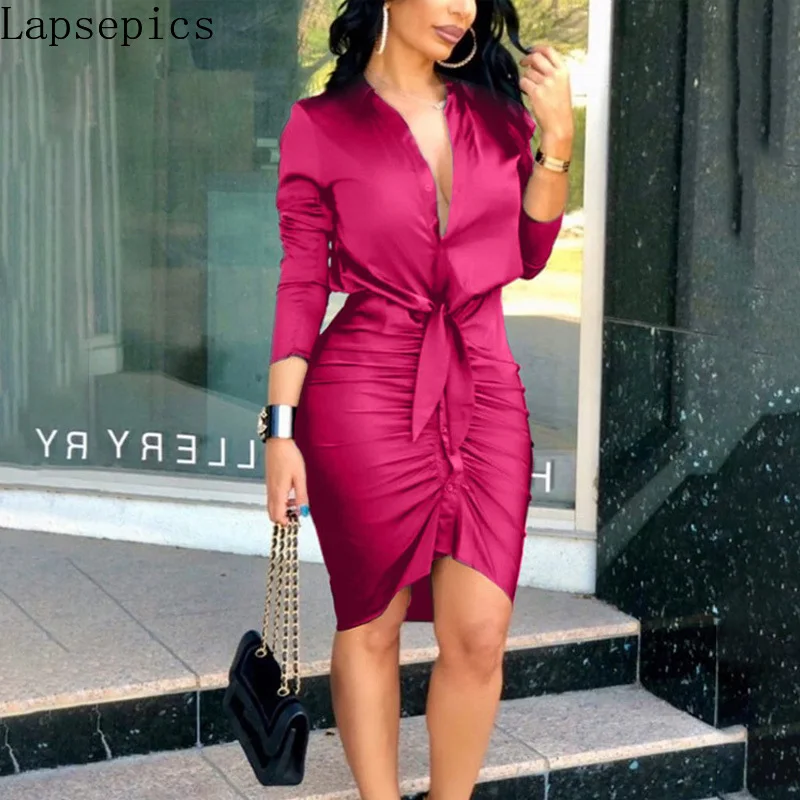 Solid Color V Neck Dress Elegant Long Sleeve Lace Up Slim Fit Women Midi Dress
Solid Color V Neck Dress Elegant Long Sleeve Lace Up Slim Fit Women Midi Dress