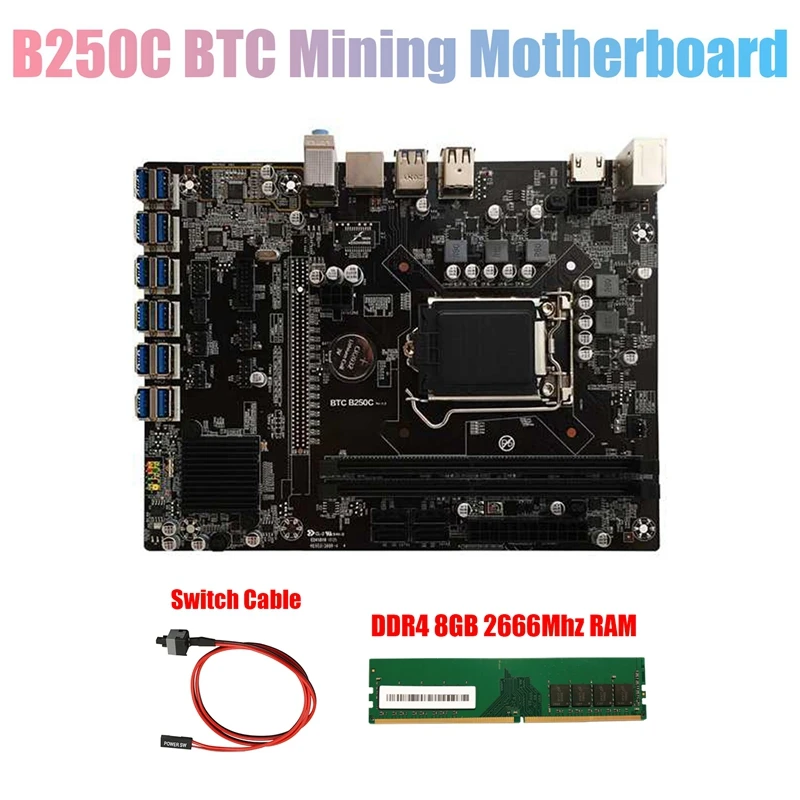 B250C BTC Mining Motherboard+Switch Cable+DDR4 8GB 2666Mhz RAM 12X PCIE to USB3.0 GPU Slot LGA1151 Computer Motherboard
B250C BTC Mining Motherboard+Switch Cable+DDR4 8GB 2666Mhz RAM 12X PCIE to USB3.0 GPU Slot LGA1151 Computer Motherboard