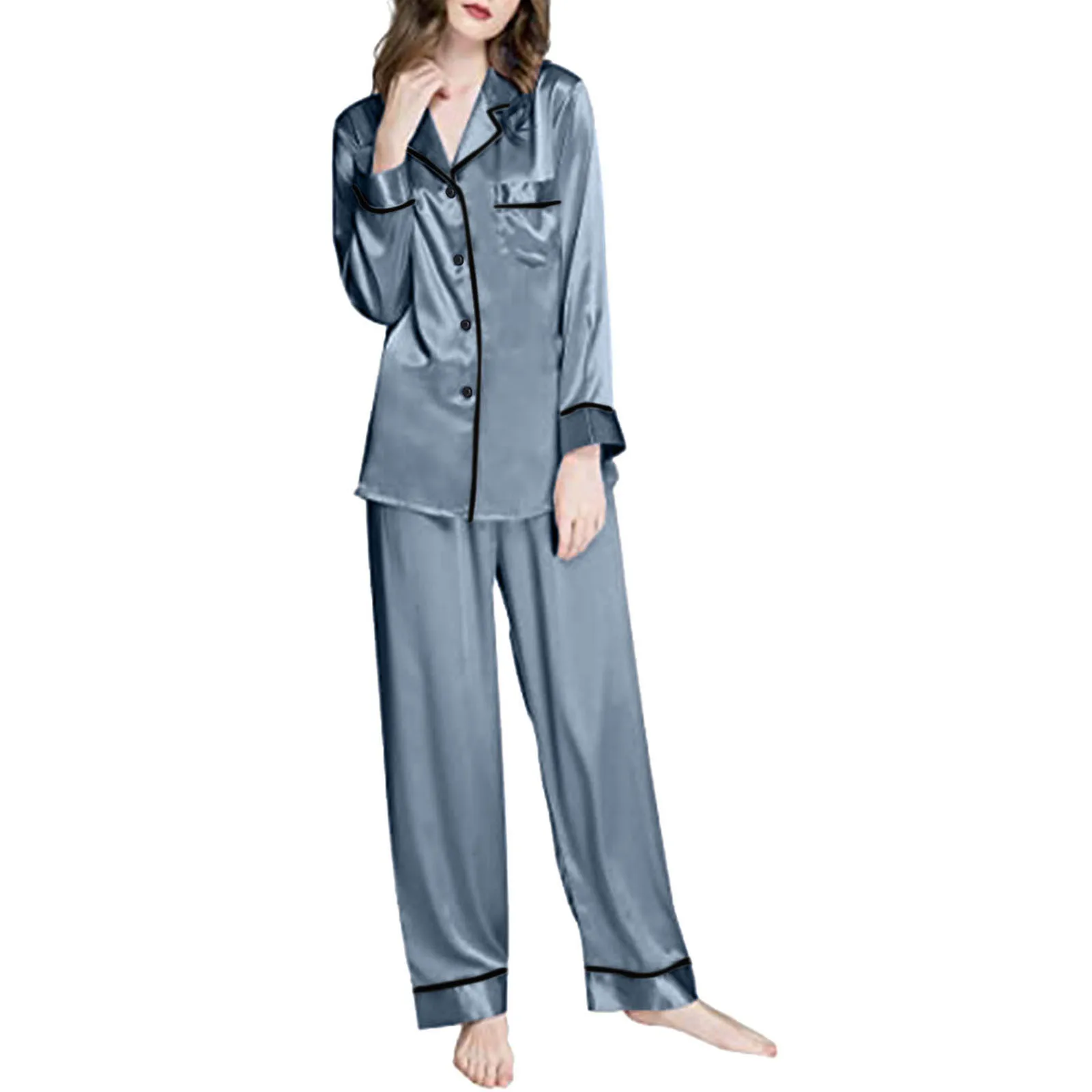 Ice Silk Women Sleepwear Long Sleeve Like Silk Two Piece Lady Pajamas Sets Solid Color Comfortable Elegant Button Female Pajamas 
Ice Silk Women Sleepwear Long Sleeve Like Silk Two Piece Lady Pajamas Sets Solid Color Comfortable Elegant Button Female Pajamas