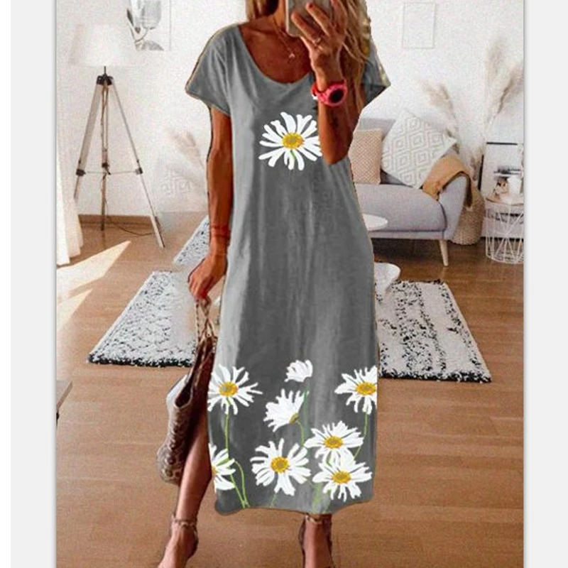 Summer Dress Women Short-sleeved Loose Hem Slit Daisy Print Plus Size A-Line O-Neck Long Dress Lugentolo
Summer Dress Women Short-sleeved Loose Hem Slit Daisy Print Plus Size A-Line O-Neck Long Dress Lugentolo