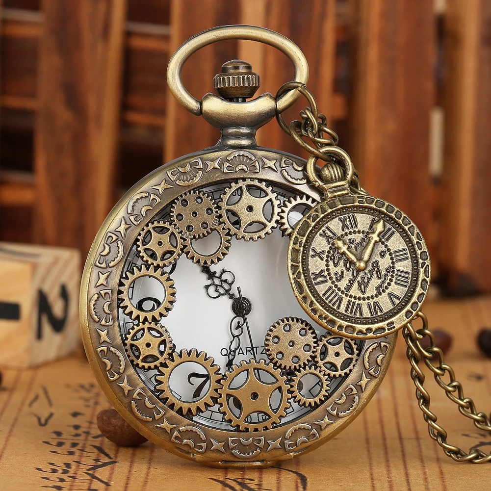 

Hollow-out Case Pocket Watch Arabic Numerals Vintage Men Watches with accessories Bronze Quartz Pendant Father's Day Gift
