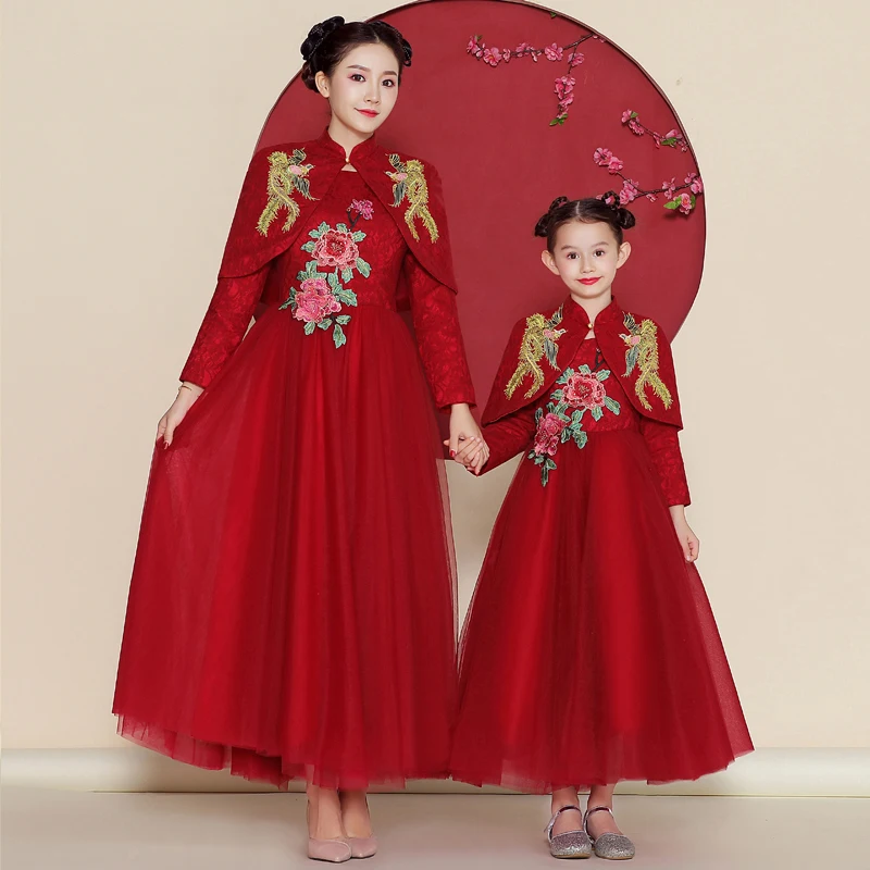 Skyyue Formal Parent Child Evening Dress FB165 Red A-Line Vestido De Fiesta Embroidery Elegant Banquet Gown For Mom And Daughter | Свадьбы и