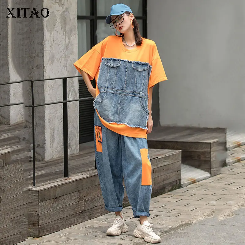 

XITAO комплект из двух предметов, женский модный новый плиссированный пуловер, топ с эластичной резинкой на талии, Лоскутные Длинные штаны, 2021,...