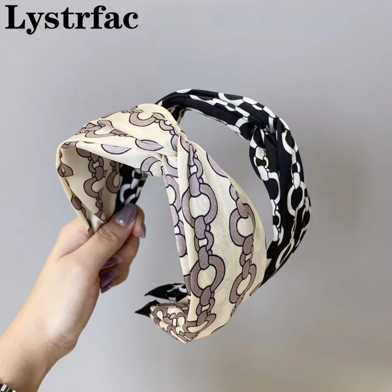 

Lystrfac корейская ткань печать цепочка лента для волос для женщин девушек повязка на голову с перекрестным узлом широкий ободок женские аксессуары для волос