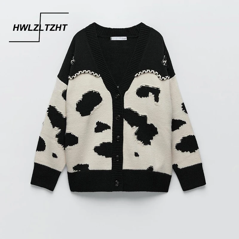 HWLZLTZHT 2021 Black White Cow Print Knitted Cardigan Woman Sweater Spring V Neck Long Sleeve Button-down Cardigan Female Coat
HWLZLTZHT 2021 Black White Cow Print Knitted Cardigan Woman Sweater Spring V Neck Long Sleeve Button-down Cardigan Female Coat