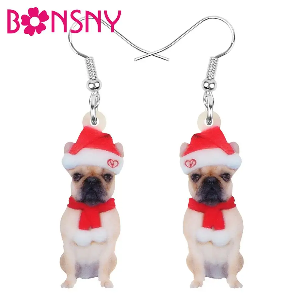 

Bonsny Acrylic Christmas Hat Scarf Bulldog Pug Dog Earrings Drop Dangle Animal Jewelry For Women Girl Teen Kid Decorations Gift