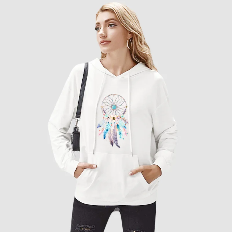 Hooded Sweatshirts Feather Dreamcatcher Print Autumn White Fashion Casual Pullover Female Black Cotton Women Hoodies
Hooded Sweatshirts Feather Dreamcatcher Print Autumn White Fashion Casual Pullover Female Black Cotton Women Hoodies
