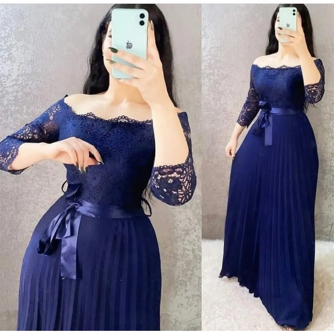 

Женское длинное шифоновое платье с кружевом, голубое платье в пол с рукавом три четверти, плиссированное платье в мусульманском стиле для о...
