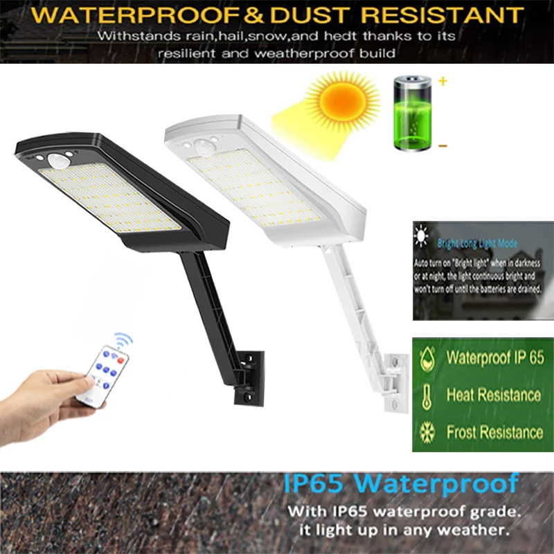 56 LED-Solar-Wall-Lamp Pir-Motion-Sensor Outdoor Remote-Control Garden-Street-Light 3 Working Modes IP65 Waterproor
56 LED-Solar-Wall-Lamp Pir-Motion-Sensor Outdoor Remote-Control Garden-Street-Light 3 Working Modes IP65 Waterproor