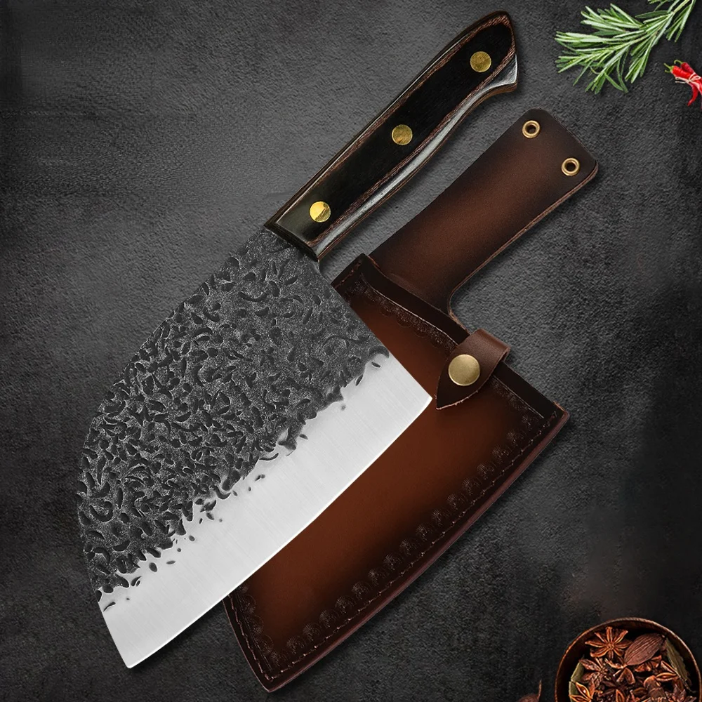 

Нож мясника 7 дюймов, кованый стальной нож, нож для костей, китайский слайсер, кожаный чехол, инструменты для шеф-повара