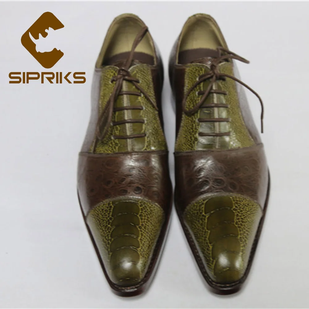

Sipriks Men's Cap-toe Dress Shoes Oxfords Boss Printed Ostrich Skin Business Shoes Goodyear Welted Suits Social 46 Cow Leather