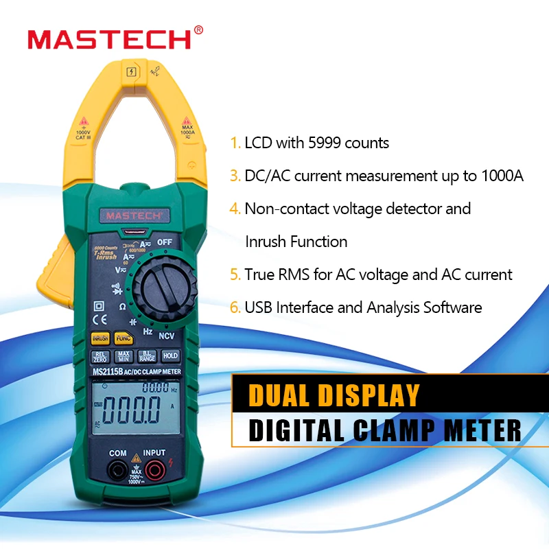 MASTECH MS2115B Digital current clamp meter AC/DC current voltage 6000 Counts NCV trms USB clamp meter mulitimeter tester 1000A
MASTECH MS2115B Digital current clamp meter AC/DC current voltage 6000 Counts NCV trms USB clamp meter mulitimeter tester 1000A