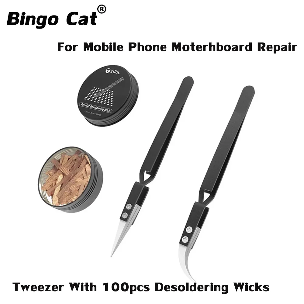 2pc Pre-cutting Ceramic Tweezer With 100pcs Desoldering Wicks For Phone Motherboard CPU Soldering Solder Repair Kit Tool
2pc Pre-cutting Ceramic Tweezer With 100pcs Desoldering Wicks For Phone Motherboard CPU Soldering Solder Repair Kit Tool