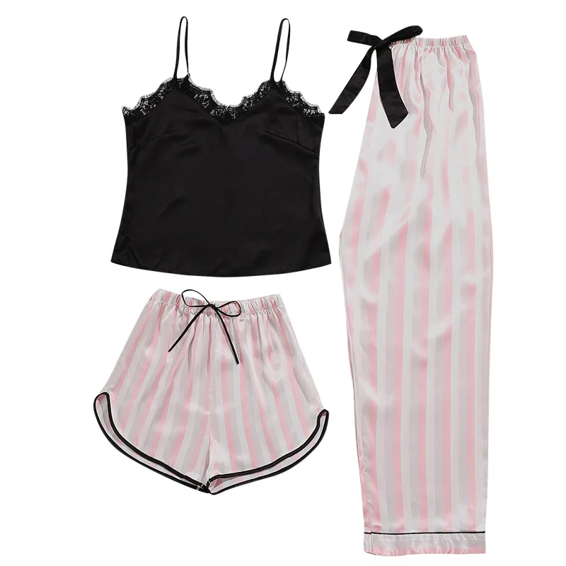 Ladies Striped Design Pajamas Set Three-piece Suit for Homewear Women Spring and Summer Silk Pajamas for Women
Ladies Striped Design Pajamas Set Three-piece Suit for Homewear Women Spring and Summer Silk Pajamas for Women