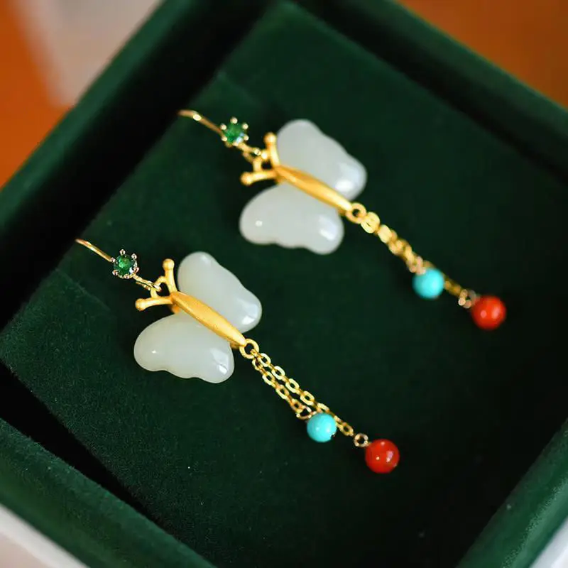 Butterfly Dance Natural Hetian Jade Butterfly Earrings Ancient Sterling Silver Gold Plated Fimbrilla Earrings Super Fairy Retro
Butterfly Dance Natural Hetian Jade Butterfly Earrings Ancient Sterling Silver Gold Plated Fimbrilla Earrings Super Fairy Retro